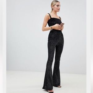 FASHIONKILLA Square Neck Crop Top & Flare Pant Two Piece in Black w/ Glitter